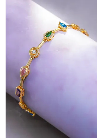 Kadın Renkli Taşlı Altın Kaplama Zarif 925 Ayar Gümüş Bileklik