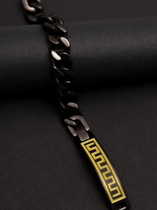 Grek Desenli Siyah Çelik Bileklik