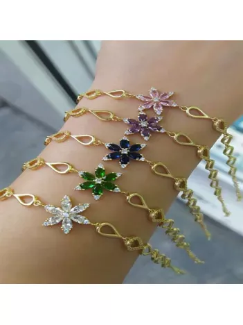 Altın Kaplama Zirkon Taşlı Nergis Çiçeği Gümüş Bileklik