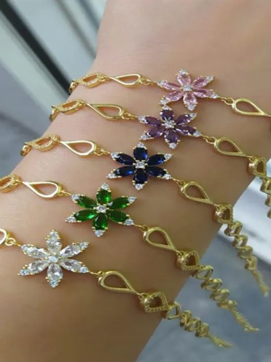 Altın Kaplama Zirkon Taşlı Nergis Çiçeği Gümüş Bileklik