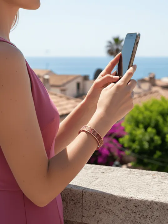 Kadın Bakır Bileklik -Stella Model Özel Baskı Metal Kutu Ve Kuvars Taşı Kadın Bakır Bileklik -Stella Model Özel Baskı Metal Kutu Ve Kuvars Taşı