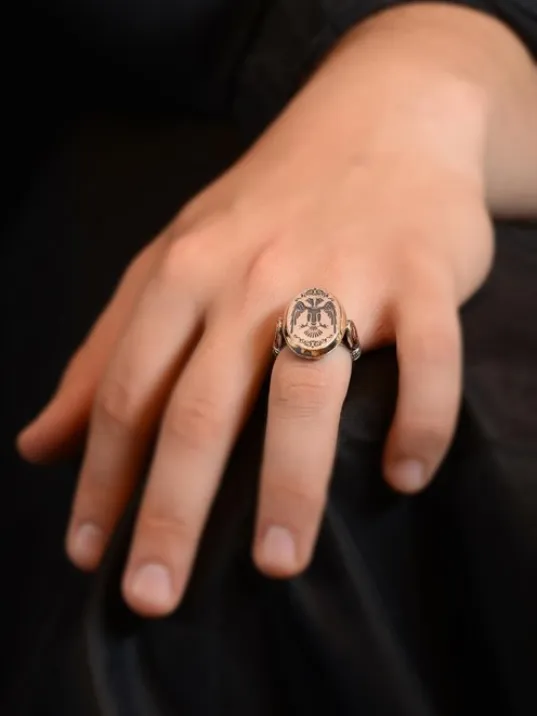 Çift Başlı Selçuklu Kartalı Oval Model Yanında Hiç Yazılı Erkek Gümüş Yüzük