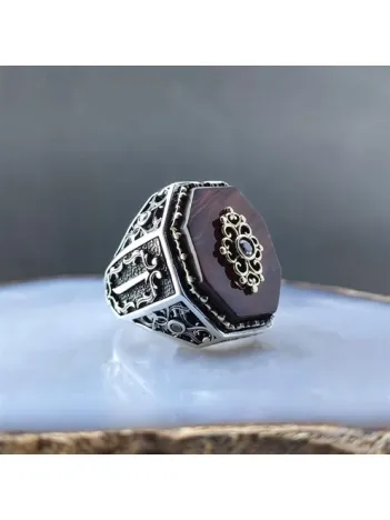 Elif Yazılı Kehribar Erkek Gümüş Yüzük  GYZGMSQGUMU