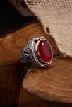 Yakut Garnet Taşlı Yanı Zirkon Taşlı İşlemeli Erkek Gümüş Yüzük