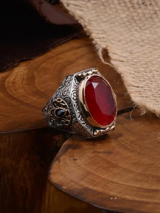 Yakut Garnet Taşlı Yanı Zirkon Taşlı İşlemeli Erkek Gümüş Yüzük