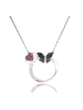 Tektaş Yüzüklü ve Kelebekli Bayan Gümüş Kolye Orta Boy