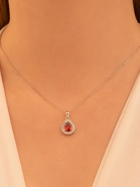 Kadın Gümüş Kolye - Damla Model Yakut Taşlı Zirkon Süslemeli Rodyumlu Kadın Kolye