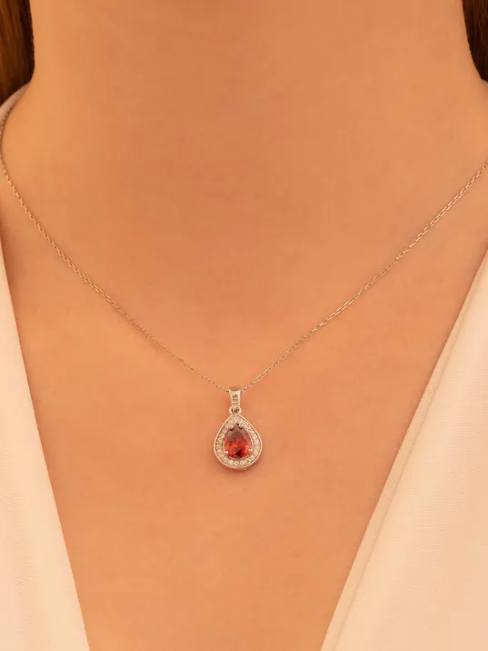 Kadın Gümüş Kolye - Damla Model Yakut Taşlı Zirkon Süslemeli Rodyumlu Kadın Kolye