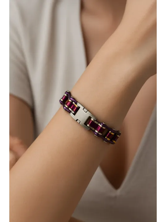 Kadın Çelik Bileklik - Kalın Motosiklet Bisiklet Zinciri Mor Kırmızı Model Kadın Çelik Bileklik