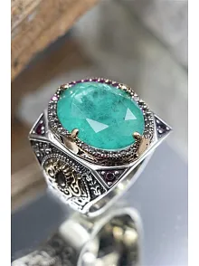 Yeşil Paraiba Taşlı Yanları Zirkon Taş Süslü 925 Ayar Gümüş Erkek Yüzük