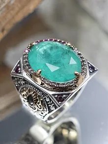 Yeşil Paraiba Taşlı Yanları Zirkon Taş Süslü 925 Ayar Gümüş Erkek Yüzük