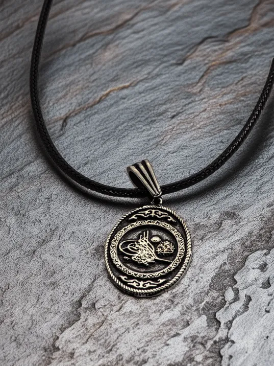 Erkek Gümüş Kolye Ucu - Tuğra Motifli Oksitli Oval Model Deri Kolyeli 925 Ayar Gümüş