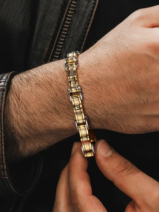 Grek Dalgalı Çelik Sarı Erkek Bileklik Künye Cblaltgrek1