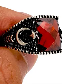 Kırmızı Zirkon Taşlı Ay Yıldızlı Gümüş Erkek Yüzük