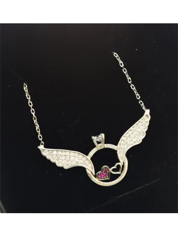 Gümüş Kanatlı Tektaşlı Kalpli Bayan Kolye