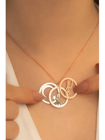 Kadın Gümüş Kolye - Kadın Yuvarlak Model Üçlü Atatürk Imza Ayyıldız Gümüş Kolye Gklkttrkm1d-ros