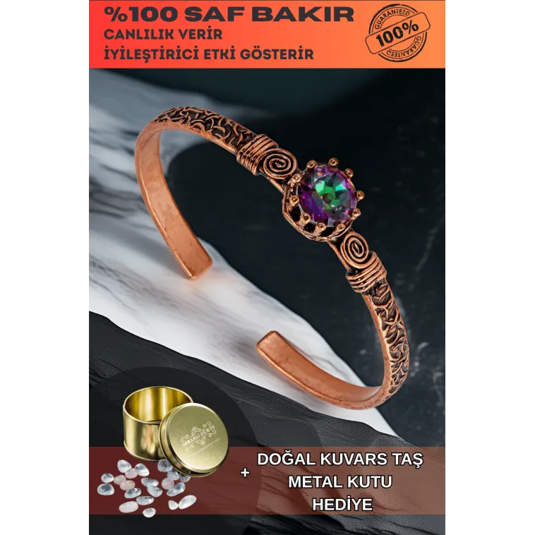Kadın Bakır Bileklik - Mistik Topaz Model 2 Ağaç Kabuğu Model İnce Metal Kutu Kuvars Taşlı Bilezik