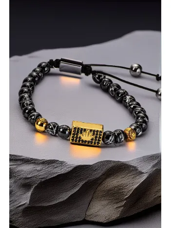 Taç Motifli Siyah Damar Boncuk Erkek Bileklik – Altın Kaplama Ayarlanabilir Makrome