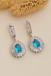 Kadın Gümüş Küpe - Damla Model Mavi Topaz Taşlı Baget Süslemeli Rodyumlu Kadın Küpe