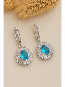 Kadın Gümüş Küpe - Damla Model Mavi Topaz Taşlı Baget Süslemeli Rodyumlu Kadın Küpe
