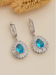 Kadın Gümüş Küpe - Damla Model Mavi Topaz Taşlı Baget Süslemeli Rodyumlu Kadın Küpe
