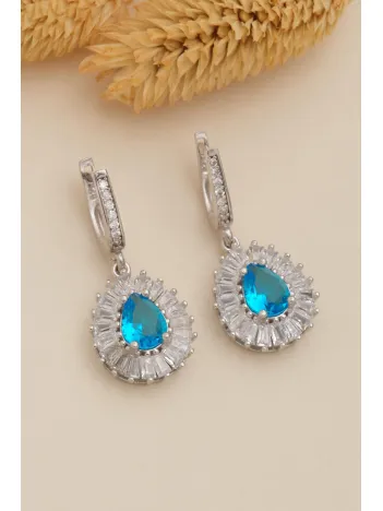 Kadın Gümüş Küpe - Damla Model Mavi Topaz Taşlı Baget Süslemeli Rodyumlu Kadın Küpe