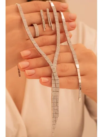 Kadın Gümüş Takı Seti - Sedef Zirkon Taşlı Kolye, Bileklik, Yüzük, Küpe Tam Set