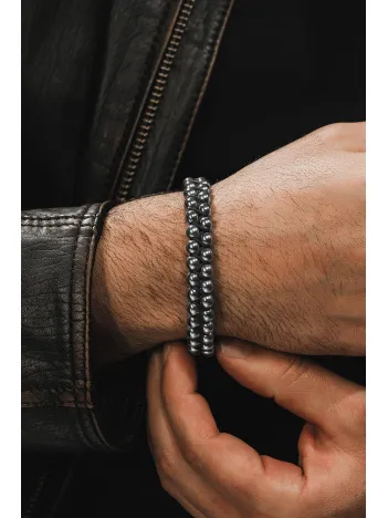 Erkek Doğal Taş Bileklik - Çift Sıra Örgü Hematit Doğal Taş Erkek Bileklik