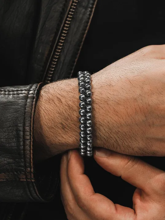 Erkek Doğal Taş Bileklik - Çift Sıra Örgü Hematit Doğal Taş Erkek Bileklik