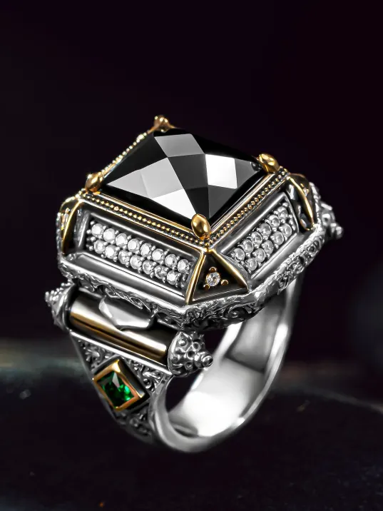 Erkek Gümüş Yüzük - Siyah Zirkon Taşlı Oyma Model 925 Ayar Erkek Yüzük