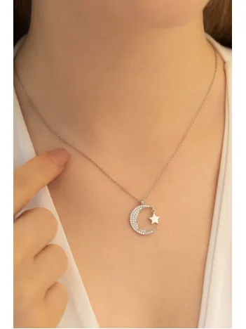 Kadın Gümüş Kolye - Ay Yıldız Zirkon Taşlı 925 Ayar Gümüş Kolye Gklayyldzgm-gms