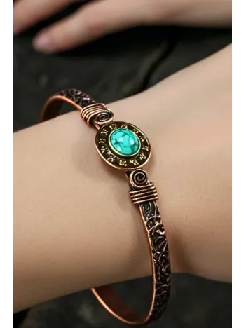 Kadın Bakır Bileklik - Doğal Turkuaz Firuze Taşlı 12 Burç İşlemeli Kadın Bakır Bilezik