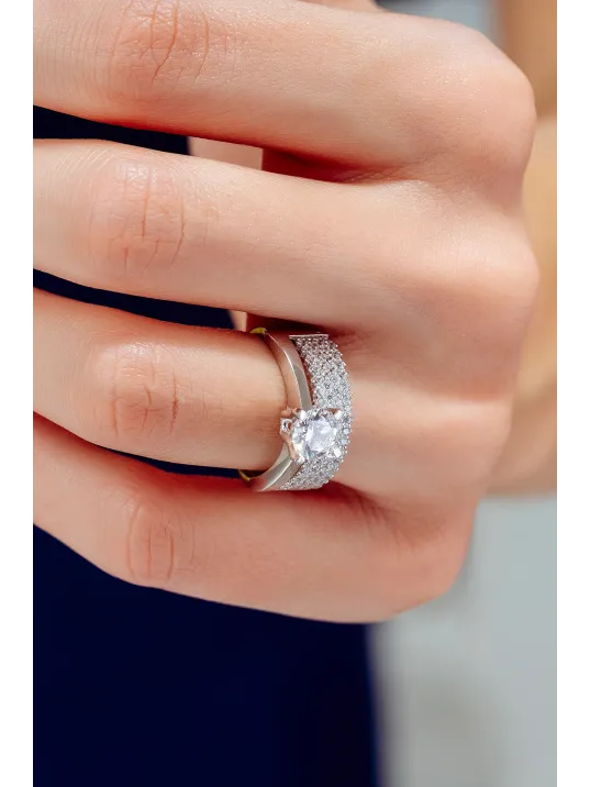 Kadın Gümüş Yüzük - Dört Sıra Tektaş Zirkon Taşlı Kombin Kadın Gümüş Yüzük