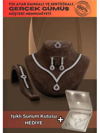 Arissa Bayan Yakut Taşlı Gümüş Su Yolu Set - Kolye, Bileklik, Küpe, Yüzük