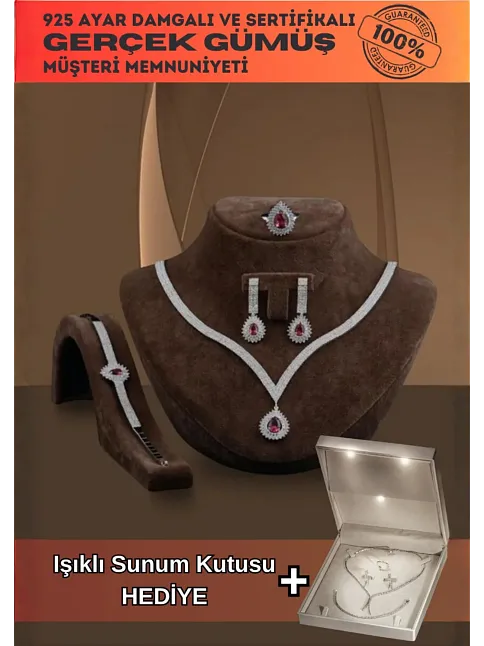 Arissa Bayan Yakut Taşlı Gümüş Su Yolu Set - Kolye, Bileklik, Küpe, Yüzük
