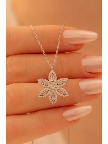 Kadın Gümüş Kolye - Sevgililer Günü - Hediye - Zirkon Taşlı Mor Çiçek Motifli Kadın Kolye