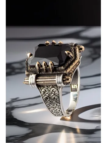 Erkek Siyah Oniks Taşlı Kitap Model 925 Ayar Gümüş Yüzük