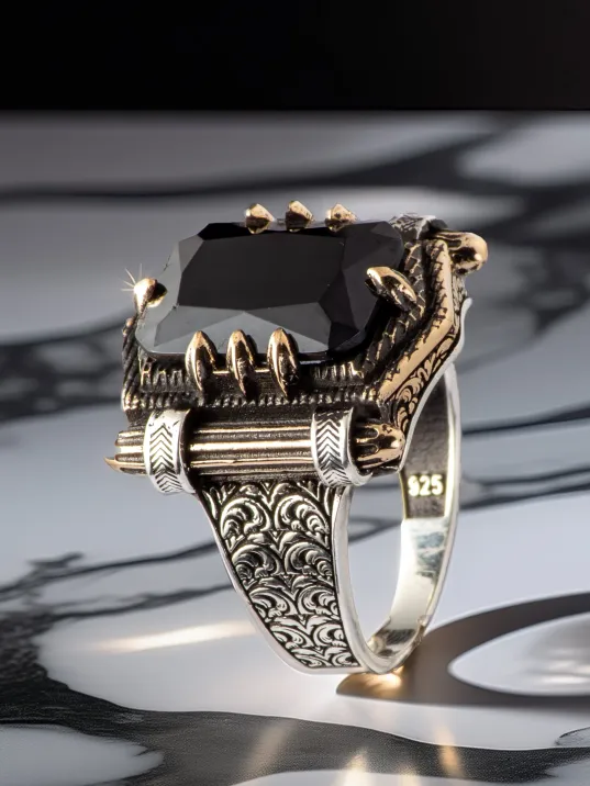 Erkek Siyah Oniks Taşlı Kitap Model 925 Ayar Gümüş Yüzük