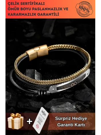 Doğal Oniks Taşlı Deri Çelik 3 lü Erkek Bileklik Sonsuzluk Ve Grek Motifli