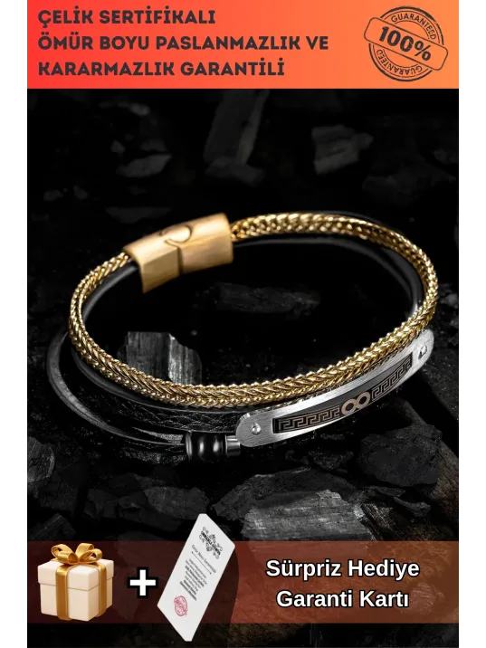 Doğal Oniks Taşlı Deri Çelik 3 lü Erkek Bileklik Sonsuzluk Ve Grek Motifli