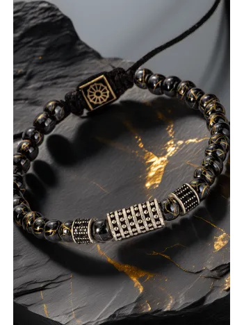 Oksit Detaylı Siyah Damar Taş Erkek Bileklik – Silindirik Figürlü Ayarlanabilir Makrome