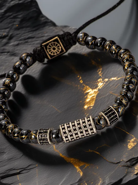 Oksit Detaylı Siyah Damar Taş Erkek Bileklik – Silindirik Figürlü Ayarlanabilir Makrome