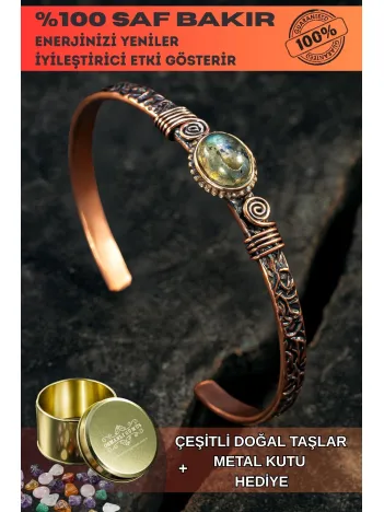 Bakır Kelepçe Bilezik Labradorit Doğal Taş Erkek Kadın Kuvars Taşı ve Metal Kutulu