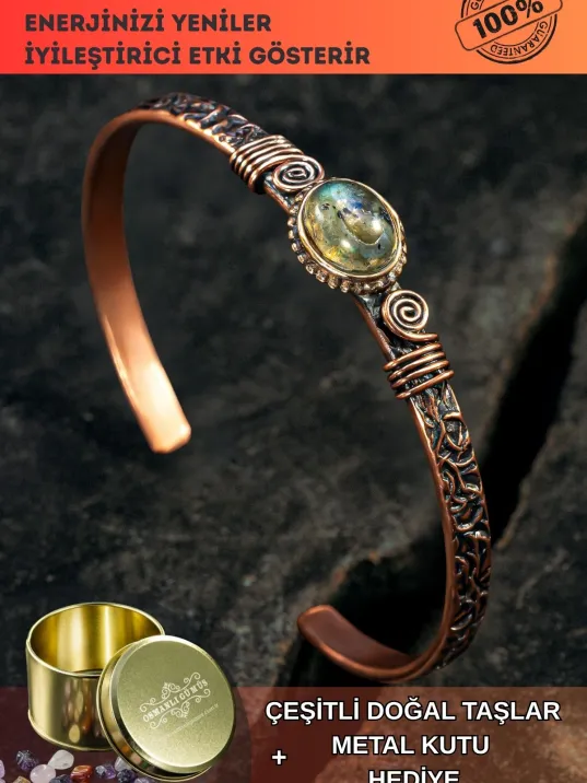 Bakır Kelepçe Bilezik Labradorit Doğal Taş Erkek Kadın Kuvars Taşı ve Metal Kutulu