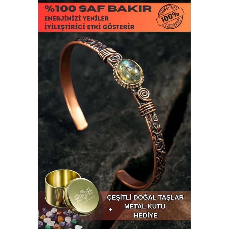 Bakır Kelepçe Bilezik Labradorit Doğal Taş Erkek Kadın Kuvars Taşı ve Metal Kutulu Bakır Kelepçe Bilezik Labradorit Doğal Taş Erkek Kadın Kuvars Taşı ve Metal Kutulu