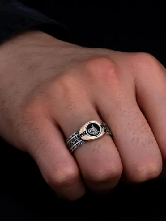 Erkek Gümüş Yüzük - Osmanlı Tuğralı Sarmaşık Motifli İnce Kibar Erkek Yüzük