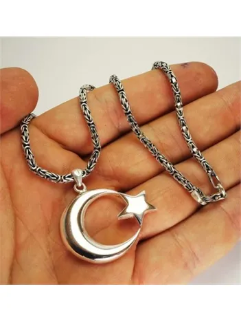 Erkek Gümüş Ay Yıldız Türk Bayrağı Kral Zincir Kolye