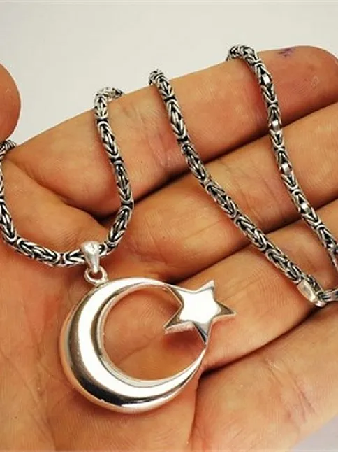 Erkek Gümüş Ay Yıldız Türk Bayrağı Kral Zincir Kolye