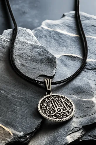 Erkek Gümüş Kolye Ucu - Mülki Allah Yazılı Oksitli Model Deri Kolyeli 925 Ayar Gümüş