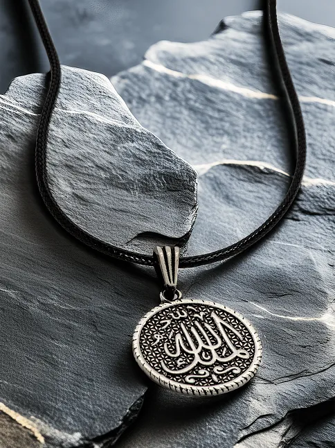 Erkek Gümüş Kolye Ucu - Mülki Allah Yazılı Oksitli Model Deri Kolyeli 925 Ayar Gümüş